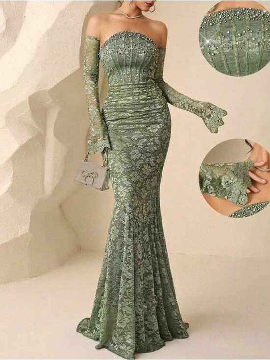 Elegant Strapless Lace Mermaid Dress in Sage Green - Picture 3 of 8